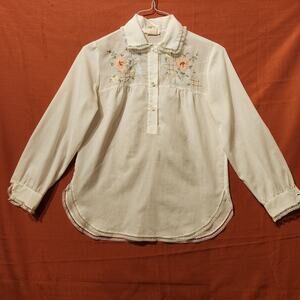 Vintage Sz Small Sheer Embroidered Collared Hippy Boho Flower Blouse Top 70s 60s